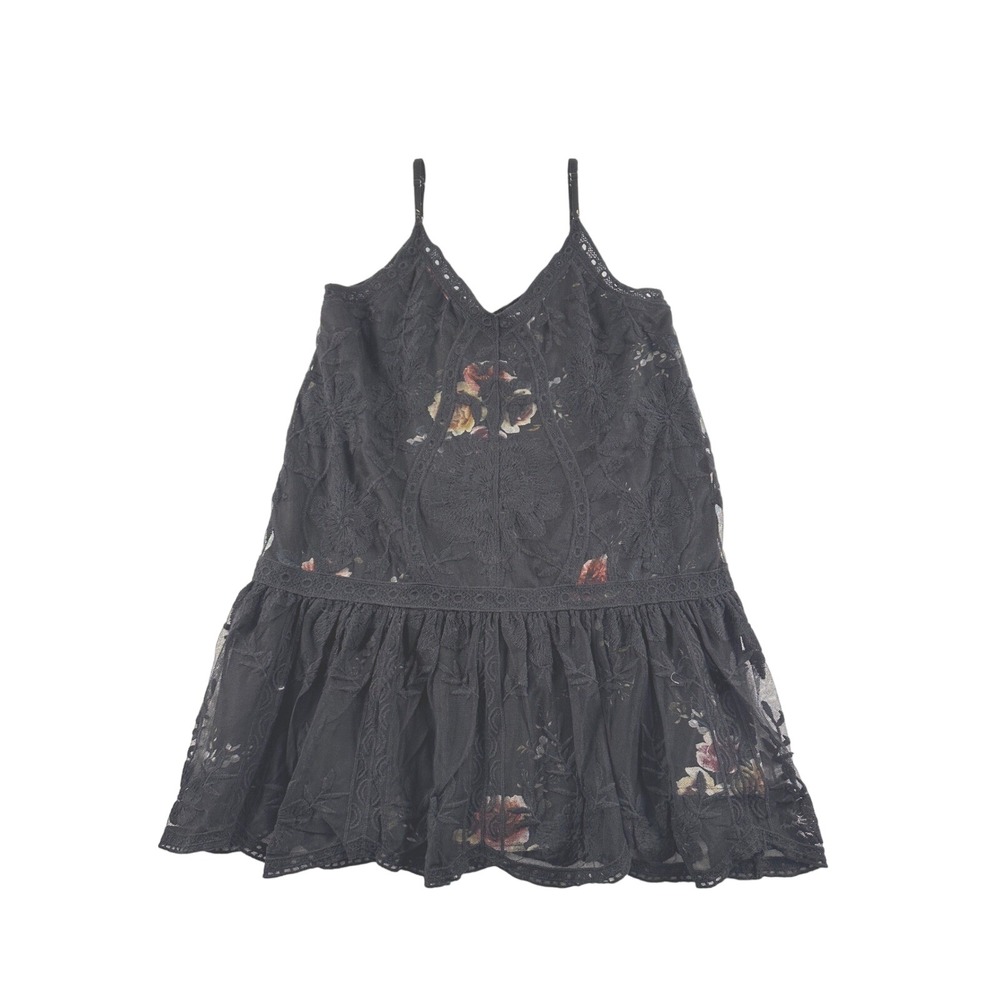 Entro Black Floral Lace Mini Dress V-Neck Tiered Ruffle Boho Women Size S D12220
